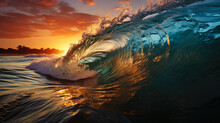 Surfing Ocean Wave At Sunset. Beautiful Natural Landscape With Blue Ocean Wave