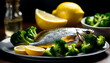 plate of fish, lemon slices, and broccoli The fish is cooked and has a golden brown color. The lemon slices are yellow and have a puckered texture. The broccoli is green and has small florets. 