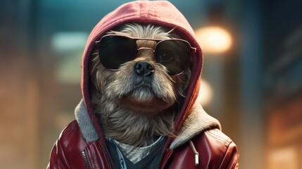 Wall Mural - A dog wearing a red jacket and sunglasses, AI