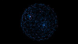 Fototapeta Przestrzenne - Abstract blue sphere on black background. Wireframe circle structure with glowing particles. Futuristic digital illustration. Vector illustration.