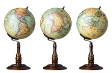 Old World Globe Isolated On White Background. Three Hemispheres Of The Globe In Antique Style. South And North America And Africa, Asia, Europe, Australia.