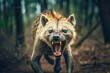 An intense close-up of a growling hyena, its fierce and wild nature on full display, showcasing its sharp teeth and fearsome appearance in a forest setting.