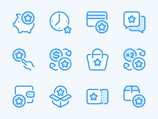 Bonus and Loyalty program vector line icons. Special points and Reward star outline icon set. Membership system, Benefit, Collect coins, Gift bonus offer and more.