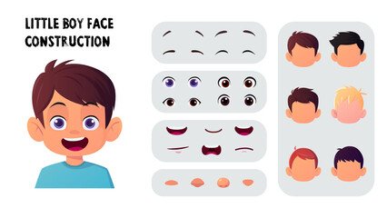 Girl Character Face Creation, Construction set, Cartoon Kid Face Generator with Hair, eyes, Mouth, nose, eyebrows