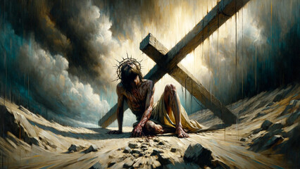 Wall Mural - Calvary's Climb: Christ Carrying the Cross of Redemption.