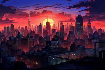 Wall Mural - City skyline at dusk, purple sky with clouds. Many of the skyscrapers