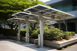 Solar panel pergola in urban setting, showcasing clean energy innovation with bifacial photovoltaic cells.