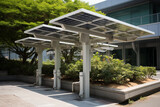 Fototapeta  - Solar panel pergola in urban setting, showcasing clean energy innovation with bifacial photovoltaic cells.