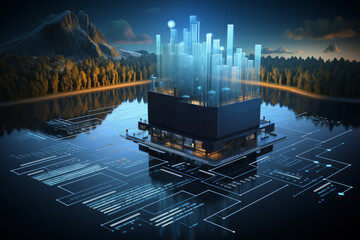 futuristic data lakehouse concept with a holographic cityscape on a serene lake reflecting cutting-e