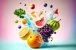 AI generated illustration of fresh fruits and vegetables splashing into the water