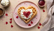 Heart Shaped Waffles With Whipped Cream And Jam On Pink Plate. Romantic Valentines Day Breakfast