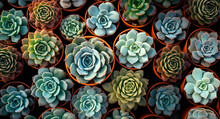 Top View Succulent Plants In Pots Background, Generative AI Horizontal Beautiful Wallpaper