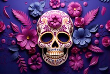 Mexican Sugar Skullwith Floral Ornament And Flower On Purple Background. Dia De Muertos Celebration. Fiesta, Halloween Holiday Poster, Flyer, Greeting Card, Banner