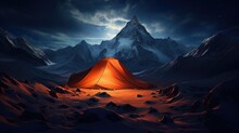 Awesome Mountain Landscape With Vivid Orange Tent Near Large Glacier Tongue Under Clouds In Night Starry Sky