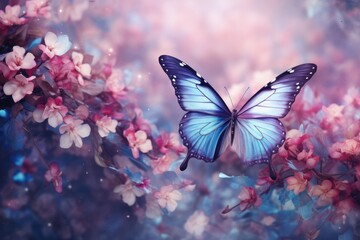 Fluttering blue butterfly and pink cherry or sakura blossom branch in sunlight. Floral spring concept for background, banner or greeting card with copy space