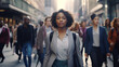 © Ai Studio - Urban Stride: Elegant African Businesswoman Pacing Through a Busy Cityscape, a Blur of Passersby in Her Wake.