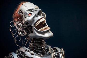 Aufkleber - Funny and scary laughing cyborg, with empty copy space Generative AI 
