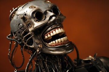 Aufkleber - Funny and scary laughing cyborg, with empty copy space Generative AI 