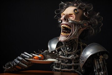 Aufkleber - Funny and scary laughing cyborg, with empty copy space Generative AI 