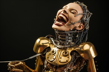 Aufkleber - Funny and scary laughing cyborg, with empty copy space Generative AI 