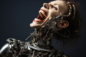 Aufkleber - Funny and scary laughing cyborg, with empty copy space Generative AI 