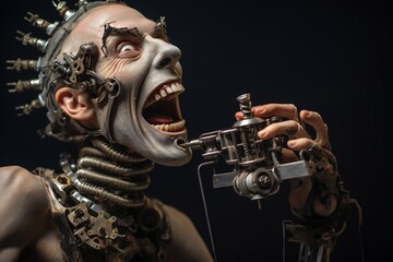 Aufkleber - Funny and scary laughing cyborg, with empty copy space Generative AI 