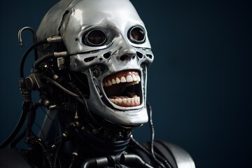 Aufkleber - Funny and scary laughing cyborg, with empty copy space Generative AI 