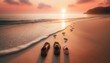© mockupzord - Golden hour at a serene beach, with shoes lined up next to fading human footprints in the sand