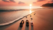 Golden hour at a serene beach, with shoes lined up next to fading human footprints in the sand
