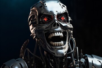 Poster - Funny and scary laughing cyborg, with empty copy space Generative AI 
