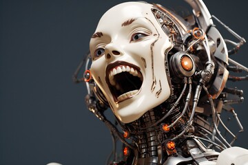 Poster - Funny and scary laughing cyborg, with empty copy space Generative AI 