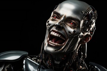 Poster - Funny and scary laughing cyborg, with empty copy space Generative AI 