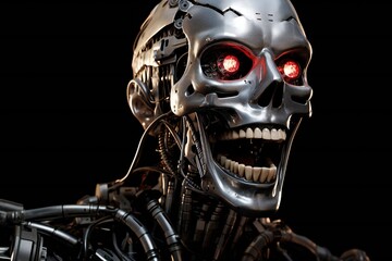 Poster - Funny and scary laughing cyborg, with empty copy space Generative AI 