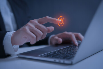 turn on or off laptop or program by a person pressing the turn off or on button in holographic to ac