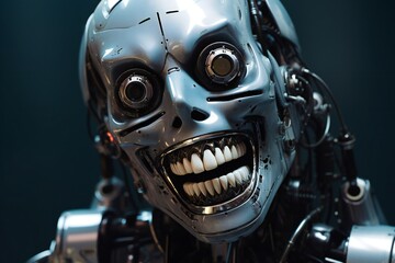 Poster - Funny and scary laughing cyborg, with empty copy space Generative AI 