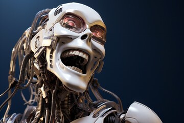 Poster - Funny and scary laughing cyborg, with empty copy space Generative AI 