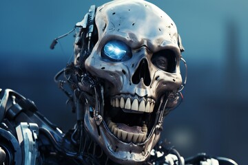 Poster - Funny and scary laughing cyborg, with empty copy space Generative AI 