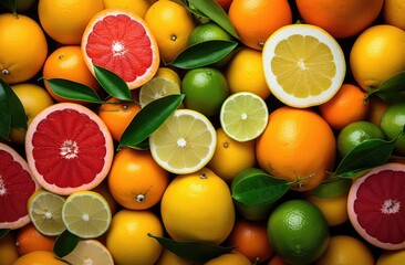 Wall Mural - Slices of fresh juicy oranges, sweetie, lemons, grapefruits and limes. Citrus fruits cut pattern. Vibrant color summer design. Flat lay, top view