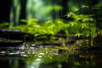 Wall Mural - Small pond with water and plants in the background and rain falling.