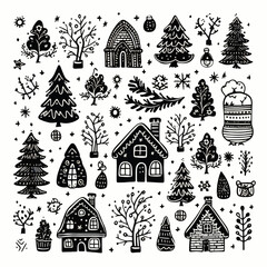 Wall Mural - Vector black doodle christmas symbols clipart on white background