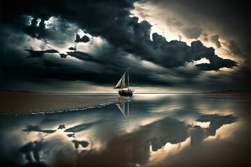 Wall Mural - ai generated illustration of a boat swimming away in a lake on a mysterious cloudy day