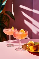 Two glasses of exotic citrus cocktail with slice of orange on sunny background with shadows. Cocktail glass in a bar. Long drink or summer cold mocktail. Elegant garden party in Caribbean style 