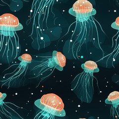 Jellyfish cartoon repeat pattern, underwater sea life background