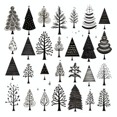 Wall Mural - Black doodle Christmas trees symbols clip art on white background