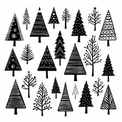 Wall Mural - Black doodle Christmas trees symbols clip art on white background