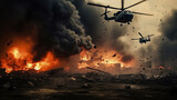 Fototapeta  - Military forces and helicopters between fire and bombs in battle field.