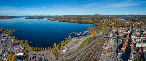 Poster - Autumn view of Ludvika town and Väsman lake in Sweden at sunset.