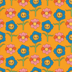 Wall Mural - Groovy flowers seamless pattern. Retro 70s smiling face flowers graphic elements isolated. Retro vintage flowers