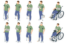 Isometric Man With Injury, Medical Treatment And Fixation Of Broken Bones, With Bandage And Plaster. The Male Character On A Wheelchair. Rehabilitation, Healthcare And Medicine. Health Insurance Cover