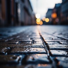 Canvas Print - A street with cobblestones in the rain, AI